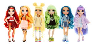 A Hi resolution photo of 6 of the Rainbow High Girl Dolls. From left to right: Red, Orange, Yellow, Green, Blue, Violet