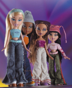 A photo of four of the original Bratz Dolls from 2001