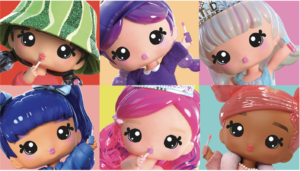 An animated image of 6 Yummiland girls, each with their own square on the screen, holding lipgloss that matches the color of their hair and clothes