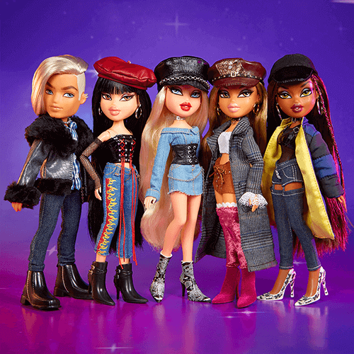 Five Bratz dolls posing together in front of a red and purple gradient background