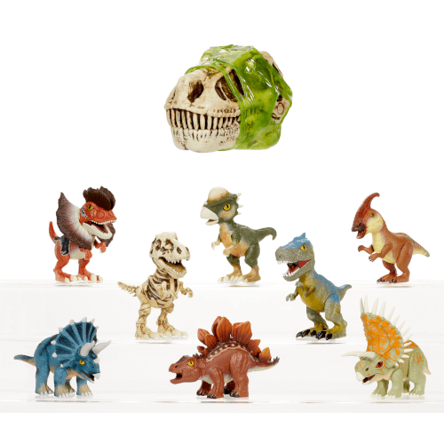 A collection of GrossMos dinosaur toys. Seven mini dinos and one dino skull covered in slime.