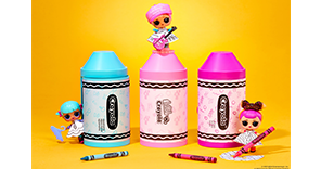 The LOL surprise Crayola playsets. 3 mini playhouses shaped like blue pink and purple crayons with their corresponding LOL Surprise dolls.