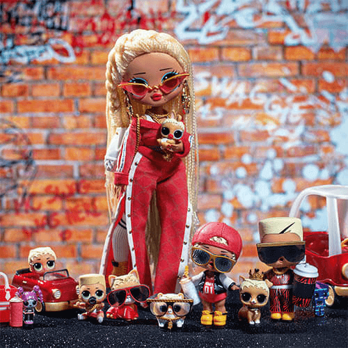 A red LOL Surprise doll and a collection of miniature red accessories